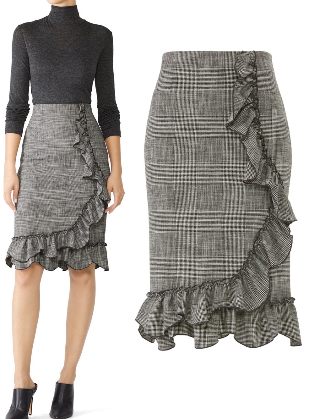Rebecca Taylor Plaid Ruffle Pencil Skirt Size 2 EUC Holiday Capsule